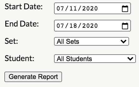 screenshot of report parameter form